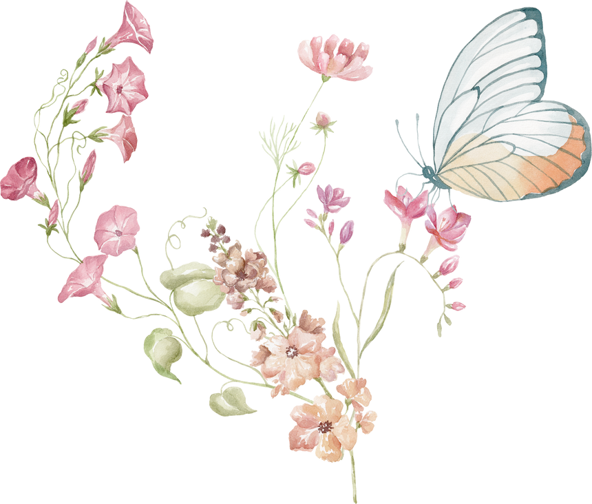 Watercolor Illustration with Butterfly and Wildflowers.